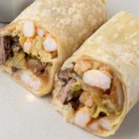 San Diego Burrito · Flour tortilla, angus steak (100% certified angus beef), grilled shrimp, beans, cheese, cila...