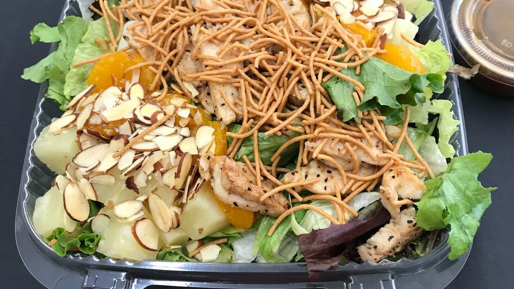 Chinese Chicken Salad · Grilled chicken breast, mixed greens, mandarin oranges, pineapple, almonds, & Chinese noodles.