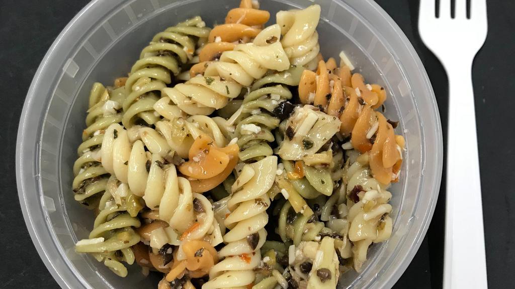 Pasta Salad · Rainbow rotini with olives, artichoke hearts, parmesan, olive oil, red wine vinegar, & Italian seasoning. (Not available as a Garden Deli Cup).