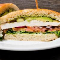 Tuscan Chicken Sandwich · Free-range chicken breast, basil pesto, lettuce, tomato, red onion, local organic avocado, a...
