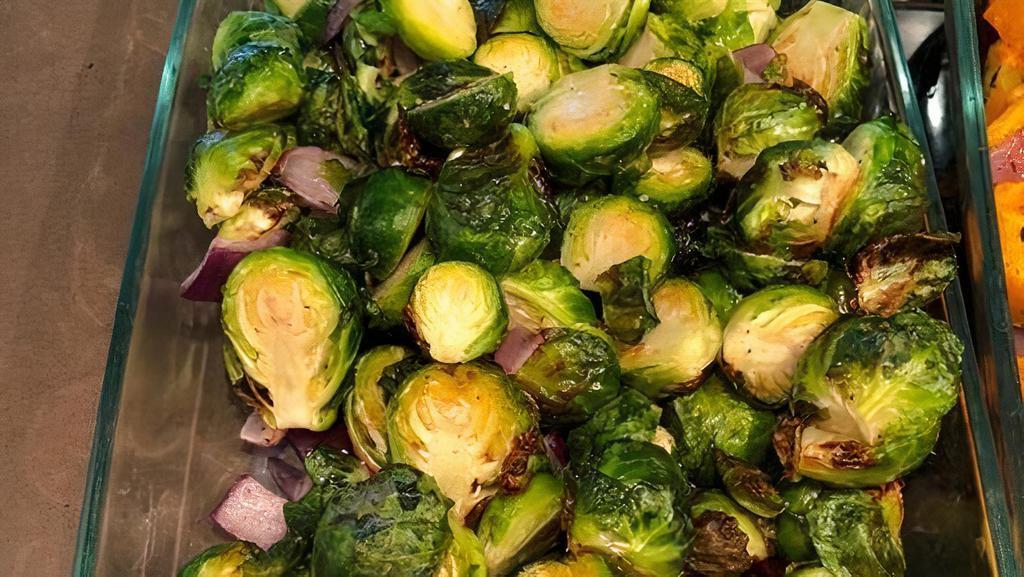 Brussels Sprouts (Gf) (Ve) · Halved brussels sprouts roasted and drizzled with reduced balsamic. Gluten-Free & Vegan.