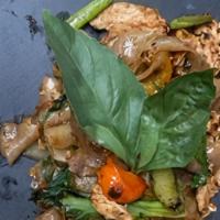 Drunken Noodles (Pad Kee Mao) · Flat rice noodles, egg, red bell peppers, Chinese broccoli, basil, fresh garlic and chili wi...