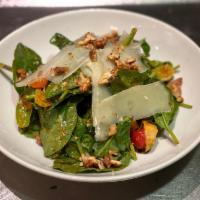 Warm Spinach & Artichoke Salad · bloomsdale spinach. candied walnuts. cherry tomato. manchego