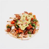 Veggie Taco · Spanish Rice, Pinto Beans, House salsa, Guacamole, Salsa verde, and Cilantro.