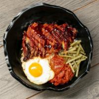 Unagi Bab · unagi (eel) , egg, stir fried kimchi, pickled garlic scapes, rice