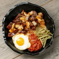 Chop Steak Bab · chop steak, egg, stir fried kimchi, pickled garlic scapes, rice