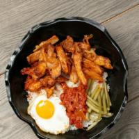 Spicy Chicken Bab · spicy chicken, egg, stir fried kimchi, pickled garlic scapes, rice