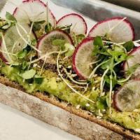 Avocado Toast · Sourdough Bread. Avocado Mash. Watermelon Radish. Sprouts.