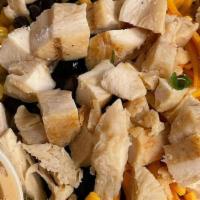 Baja Chicken · Diced chicken breast, corn, pico de gallo, Cheddar cheese, black beans, Romaine lettuce, chi...