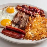 Meat Lover Sampler · Two eggs, steak, beef bacon, sausage with your choice of hash browns, or smothered potatoes ...