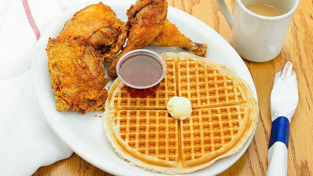 Aunt Sarah'S · Two pieces of fried chicken and two delicious golden waffles.
