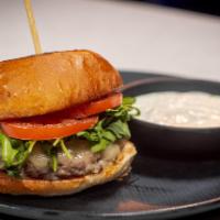 Greek Burger + Fries. · grass fed lamb . shallot jam . havarti . arugula . tomato . brioche bun