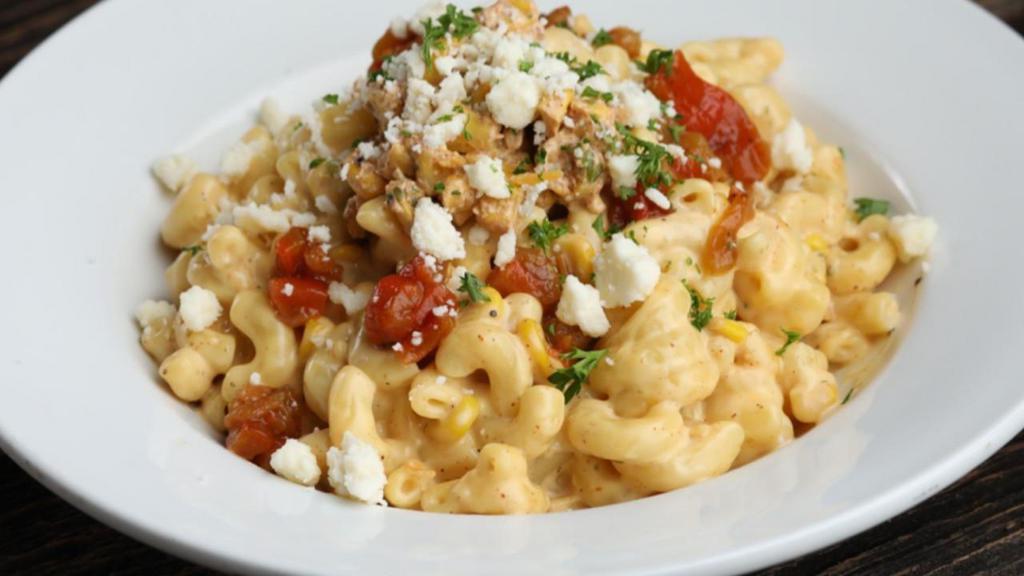 Street Mac · traditional mac & cheese, Mexican street corn, queso fresco, roasted peppers & cilantro