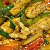Ka Pao · Stir-fried in hot and spicy garlic mixed chili sauce, bell peppers, onions, and basil leaves...