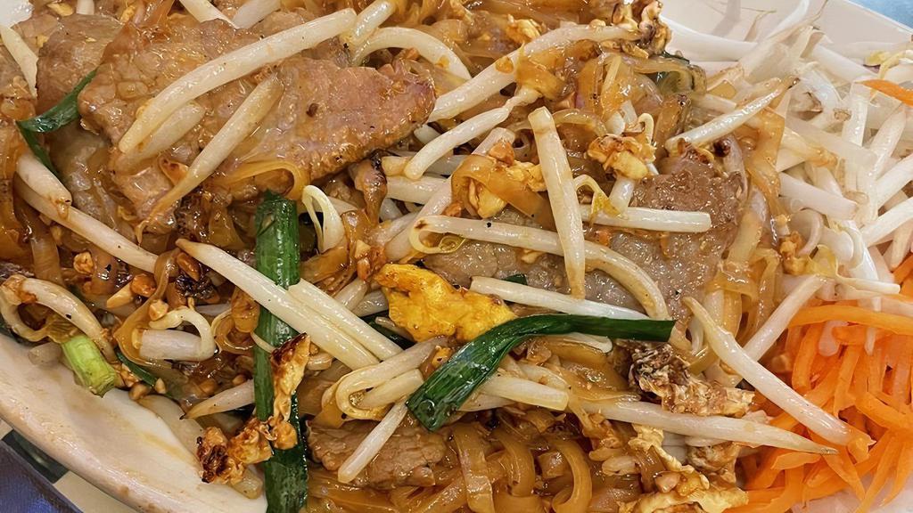 Pad Thai · Stir-fried noodles in eggs with our special pad thai sauce with nira leaves, bean sprouts, and peanuts.