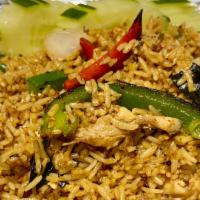 Spicy Fried Rice · Thai style fried rice with your choice of meat, eggs, chili, onions, bell peppers and basil ...