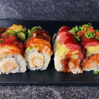 *Sushi Box Togo [B] · [DF shrimp, crab mix] avo, salmon, green onion, tobiko, parmesan aioli, unagi sauce, torched...