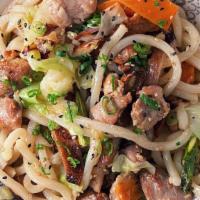 *Yaki Udon · Stir fry udon noodles, chicken, cabbage, shiitake mushroom, asparagus, red onion, carrots, s...