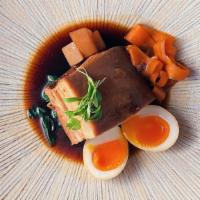 *Braised Pork Belly · Soy braised pork belly, soft boiled egg, daikon,  spinach, carrots, micro greens, miso soup.