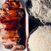 *Chicken Teriyaki · Grilled chicken thigh meat, teriyaki glaze, cabbage salad, house sesame dressing, miso soup.