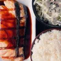*Grilled Salmon Teriyaki · Grilled salmon, teriyaki glazed, cabbage salad, house sesame dressing, miso soup.