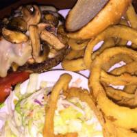 The Mushroom Burger · Served with grilled mushrooms and swiss cheese.