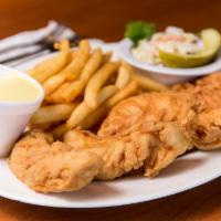 Fried Chicken Strips · Served with golden French fries and honey mustard dressing for dipping.