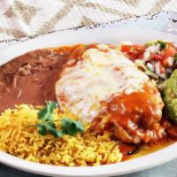 Chile Relleno Platter · Roasted fresh poblano pepper stuffed with cheese, ground beef or shredded chicken, light bre...
