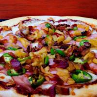 Angry Hawaiian · Shredded mozzarella, ham, bacon, jalapenos, roasted pineapple and a spicy BBQ drizzle.
