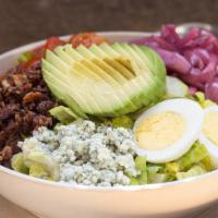 Avocado Cobb Salad · romaine, hard boiled egg, bacon, pickled red onion, cherry tomato, blue cheese-apricot vinai...