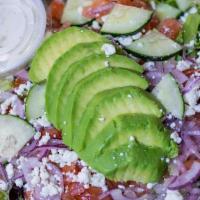 Feta Salad · Spring Mix, Feta Cheese, Red Onions, Tomato, Avocado, Cucumber And An Egg