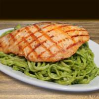 Tallarin Verde Con Salmon · Linguine pasta in a creamy spinach and basil sauce with salmon.