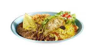 Combo Plate · Ground beef taco and ground beef enchilada with salad, beans and rice.