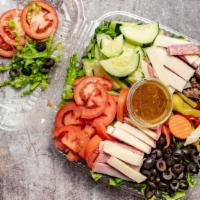 Antipasto Salad(Feeds 3 -4 Persons) · Lettuce, tomato, cucumber, giardiniera, ham, salami, provolone, mushroom, olives, w/ Italian...