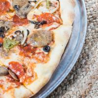 Brooklyn Deluxe · Pepperoni, sausage, green peppers, onions, mushrooms, and black olives.