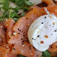 Smoked Salmon Toast · Multigrain Toast, Smoked Salmon, Arugula, Poached Egg, Drizzled with Olive Oil, Everything B...