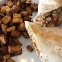 Good Vibes Burrito · Scrambled eggs, bell peppers, tater tots, pico de gallo, mozzarella cheese and spicy aioli i...