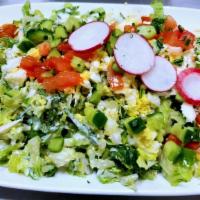 Chop Chop Salad (Gf)(V) · Romaine, watercress, cucumbers, tomatoes, chopped egg, radishes, bleu cheese, tomato vinaigr...
