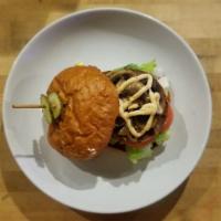 Veggie Burger (V) · Veggie patty, caramelized onion, sauteed mushrooms, lettuce, tomato, and chipotle aioli (veg...