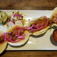 Pibil Pork Tacos (Gf) · slow roasted Yucatan-style pork with pickled onions, corn relish, salsa (GF)