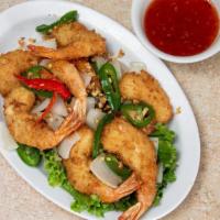 Fried Shrimp · Gluten Free Option Available. Beer battered deep fried shrimp topped with onions and jalepen...