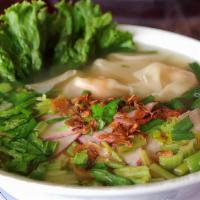 Wonton Noodle Soup · Egg noodles, pork and shrimp wonton, barbeque pork, green leaf lettuce, chive, green onion, ...