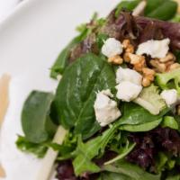 Insalata Di Pere E Gorgonzola · What's good. Field green with Gorgonzola, caramelized walnuts and poached pears in honey ros...