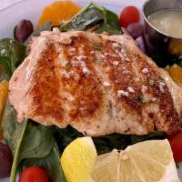 Salmon Salad · Sautéed salmon, spring mix with roma tomatoes, cucumbers, pepperoncini, olives, red onions, ...
