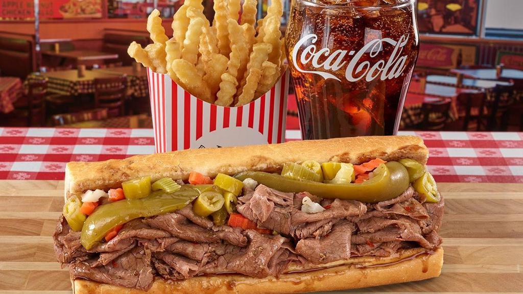 Famous Meal #1: Big Beef · Chicago's #1 Italian Big Beef served on perfectly baked French bread with large fry and drink. . *This picture shows optional sweet and hot peppers that must be added to the sandwich, as they do not come standard..