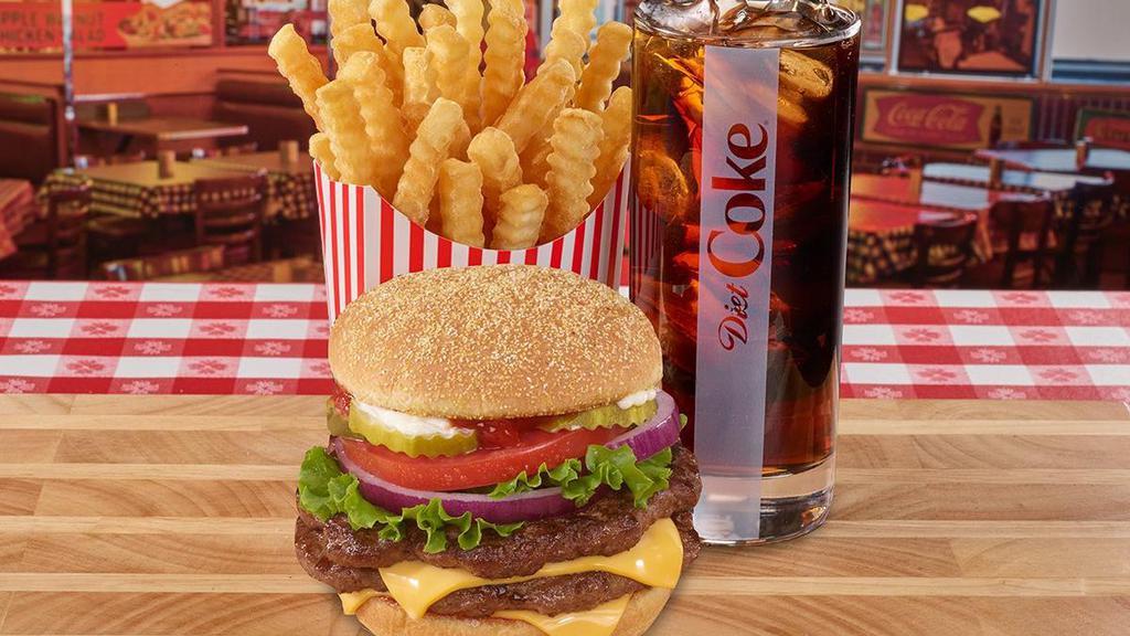 Famous Meal #3: Char-Broiled Double Cheeseburger · Everything includes mayo, crisp lettuce, a red ripe tomato slice, sliced red onion, pickles, and ketchup on our freshly toasted old-fashioned style bun. Includes large fry and drink.