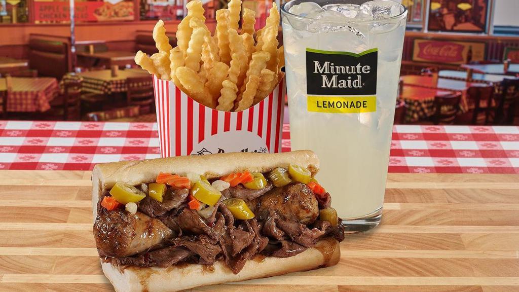 Famous Meal #5: Beef & Sausage Combo Sandwich · Chicago's #1 Italian Beef & Italian Sausage served on perfectly baked French bread with large fry and drink..  *This picture shows optional sweet and hot peppers that must be added to the sandwich, as they do not come standard.