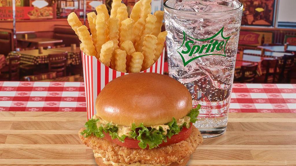 Famous Meal #4: Spicy Chicken Sandwich · Spicy, breaded chicken breast served with hot giardiniera sauce, lettuce, and tomato on brioche bun.  Includes large fry and drink.
