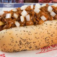Chili Cheese Dog · Hot dog served with American cheese and topped with chili and chopped onions.. Served regula...