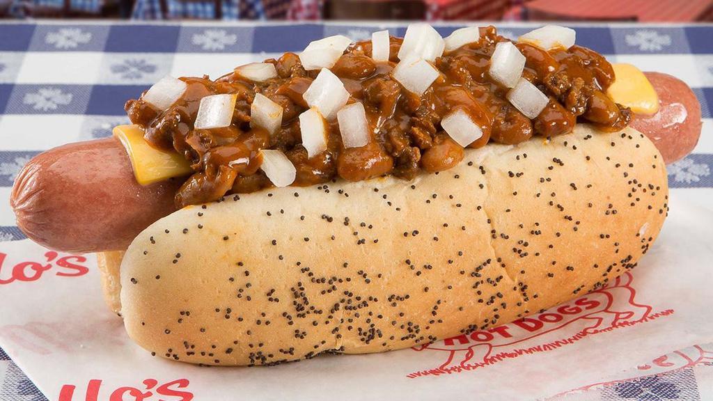 Chili Cheese Dog · Hot dog served with American cheese and topped with chili and chopped onions.. Served regular-sized or jumbo (pictured).